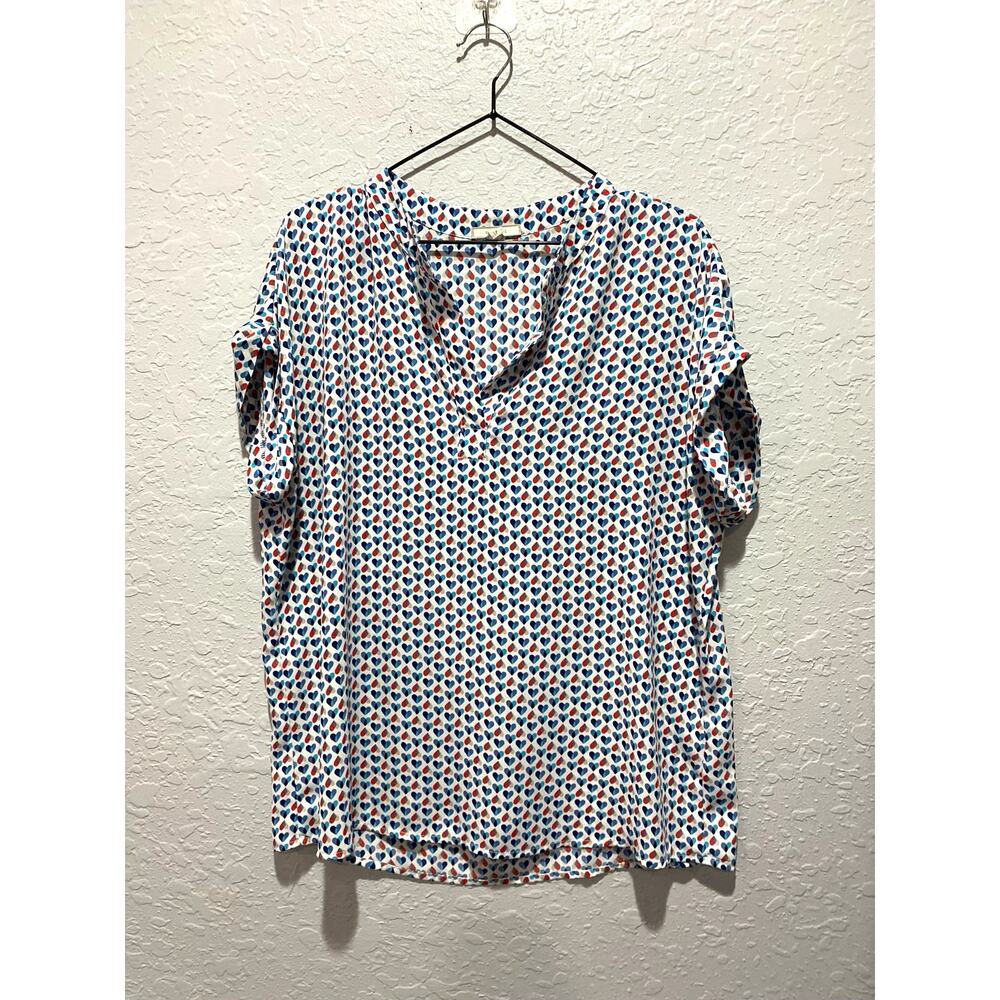 Pleione Short SleeveWomens Top Shirt Blue RedHearts Sz L Petite Office Casual